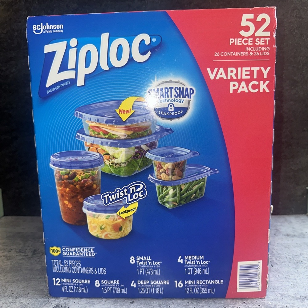 52 Piece Set Ziploc Variety Containers  Small & Medium Twist N Loc Circle Rectan
